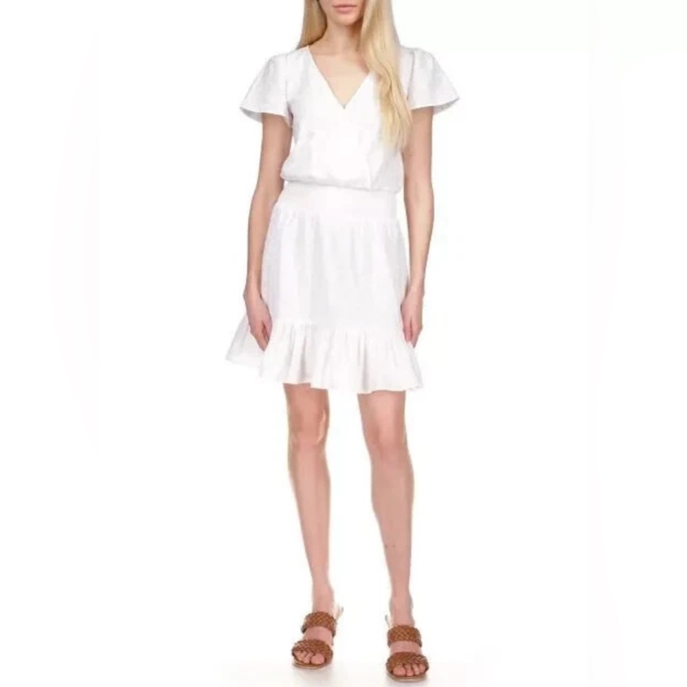 Michael Kors Eyelet Mini Dress Womens Size XL White Flutter Sleeve Smocked Waist